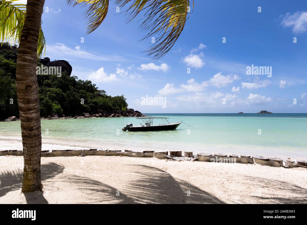 Tropical beach view, Anse Volbert at Praslin island, Seychelles Stock Photo