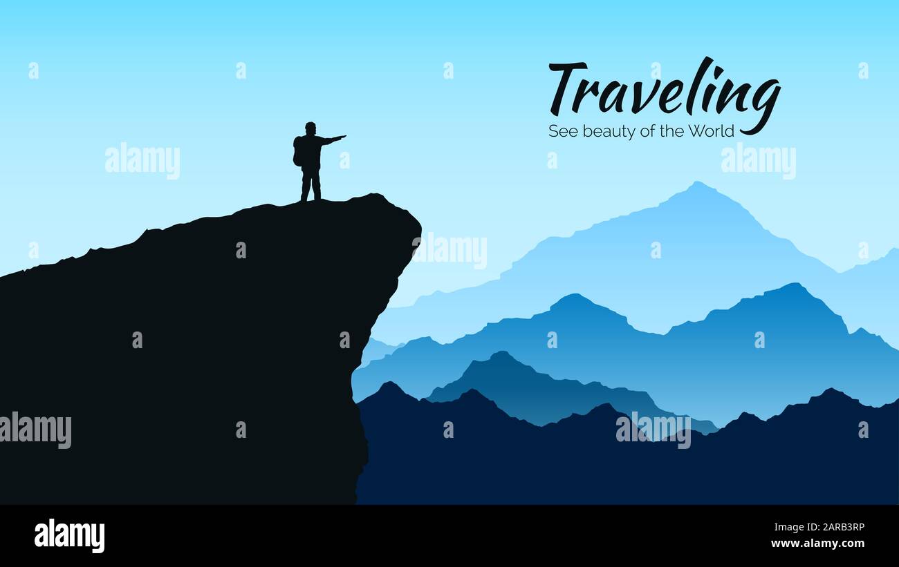 Mountains landscape in blue colors. Silhouette of man on rock on mountains background. Traveling and tourism concept. Vector illustration Stock Vector
