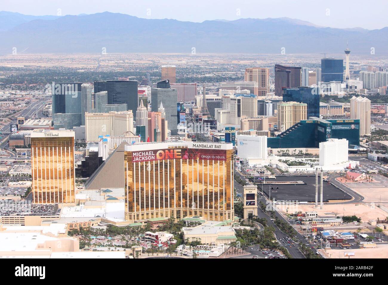 LAS VEGAS, USA - APRIL 15, 2014: Aerial view of The Strip casinos in Las Vegas. Among 25 largest hotels in the world, 15 are located on Las Vegas Stri Stock Photo