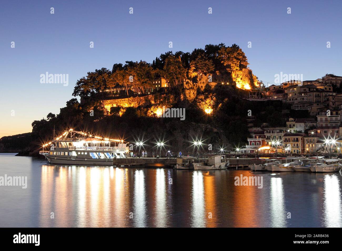 Viewed here and set in the Ionian Sea lies the beautiful Greek Town of Parga lies the Venetian Castle of Parga. Stock Photo