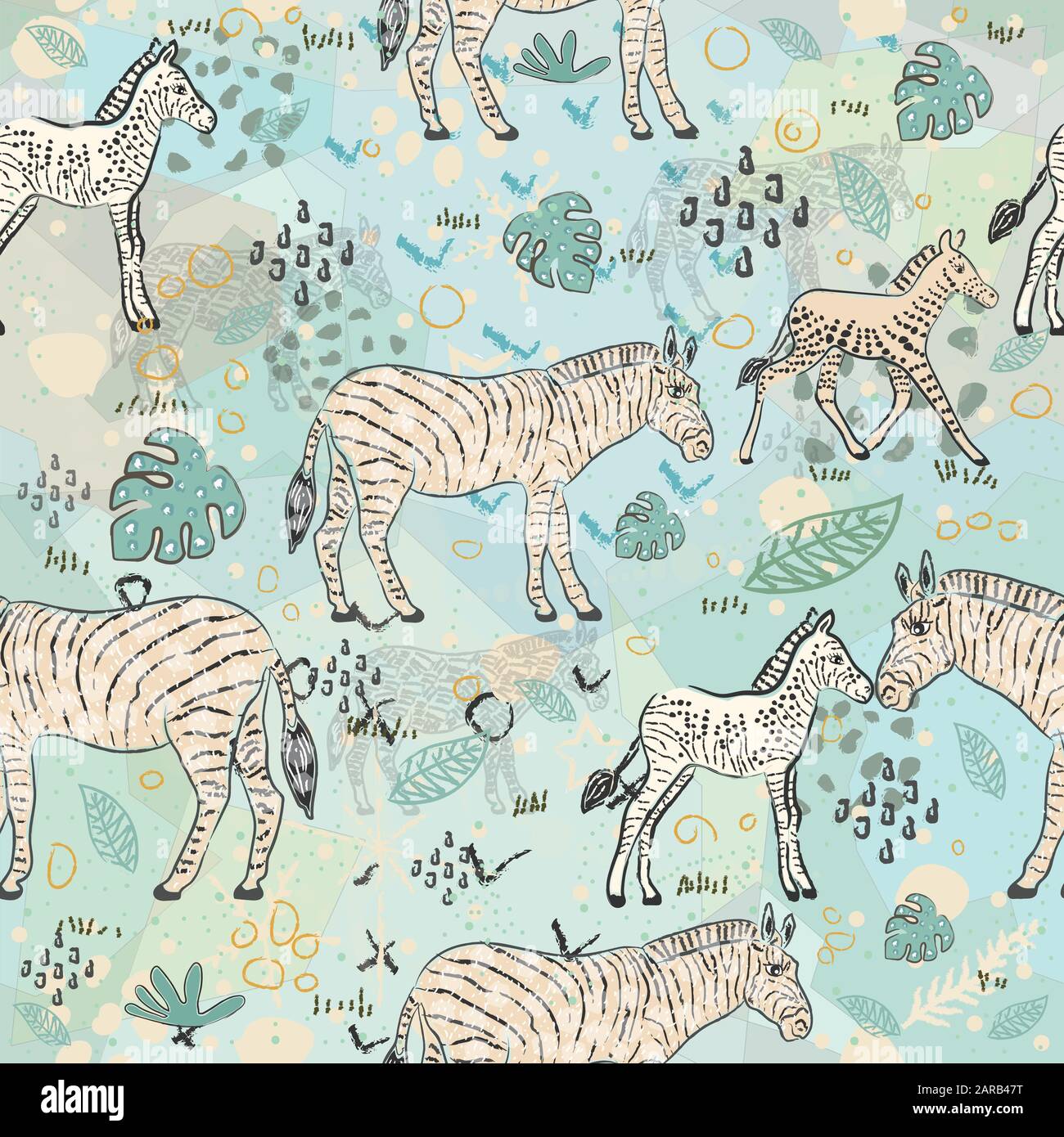 Seamless Pattern with Cute Hand Drawn Zebra. Scandinavian Style. Vector Illustration Stock Vector