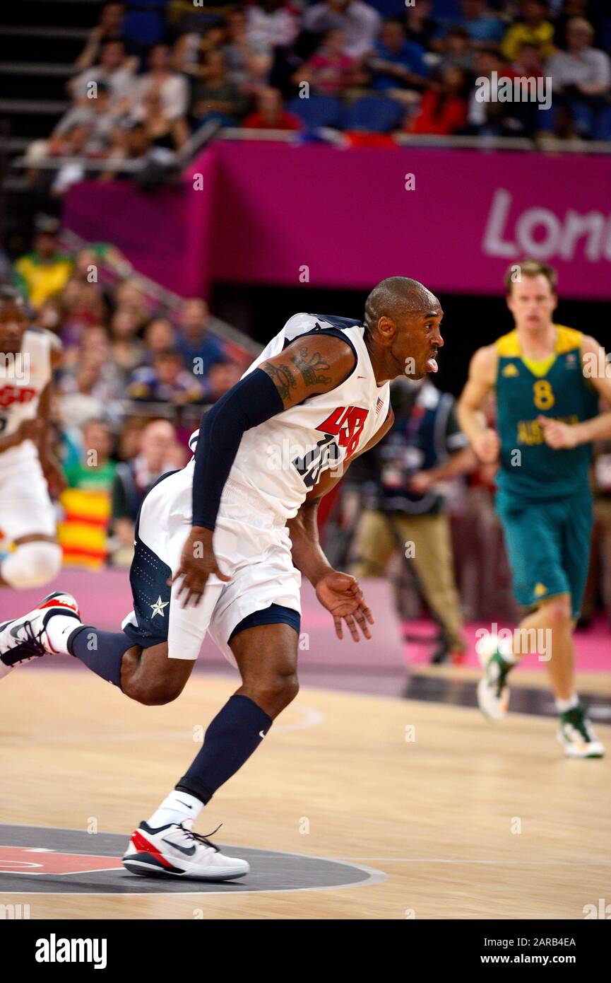 FILE: 27th Jan 2020. London, UK. 8 August, 2012. US Basketball star Kobe  Bryant competing for Team USA against Australia during the quarterfinals of  the basketball tournament at London Olympics in 2012.