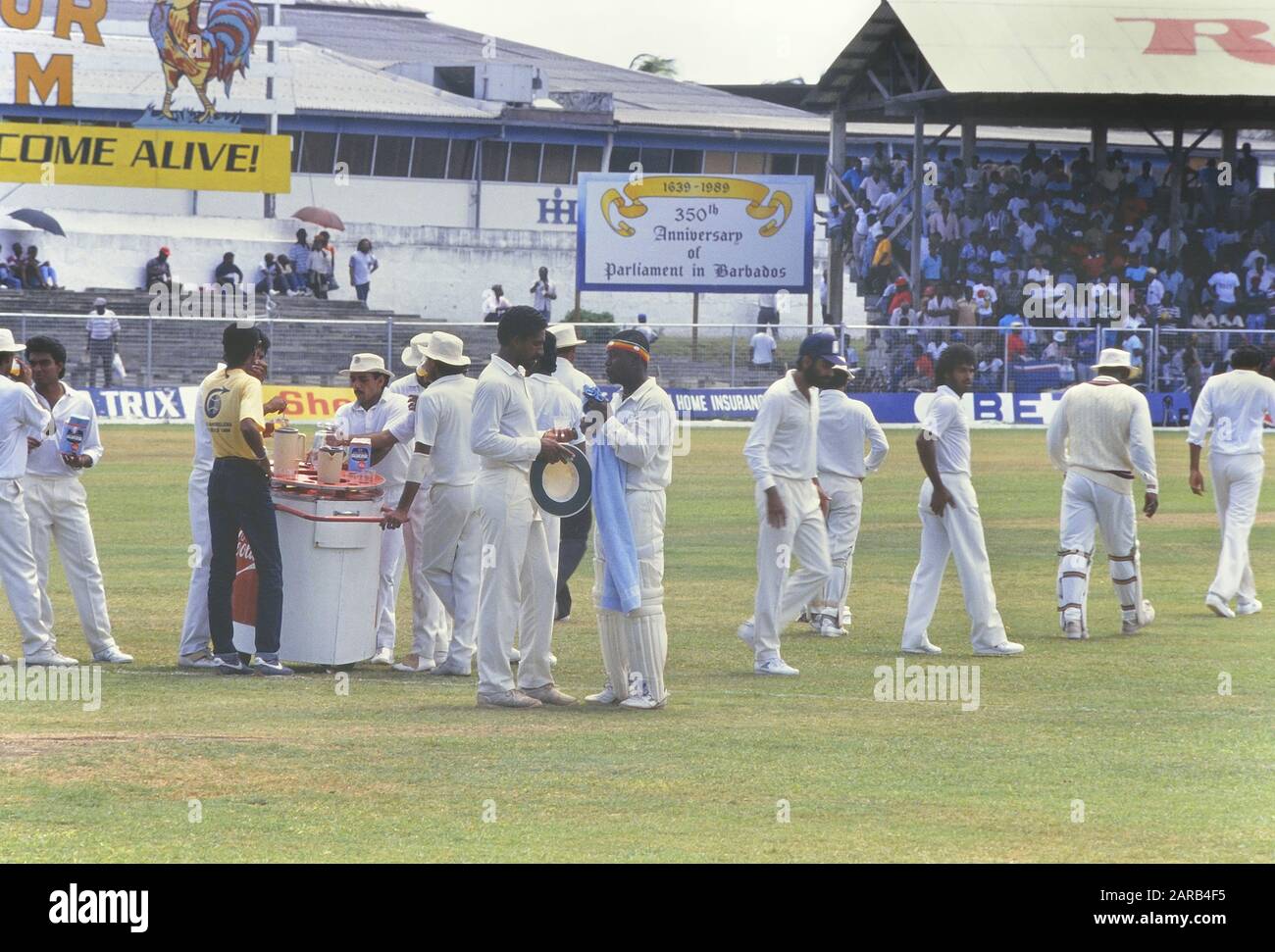 Drinks break,.1st ODI. West Indies V India at the old Kensington Oval, Bridgetown, Barbados. 7th March 1989 Stock Photo