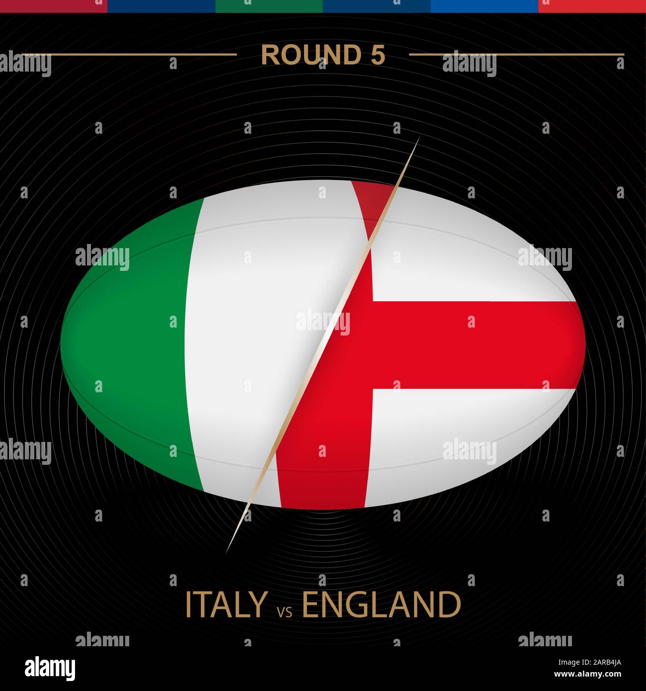Italy vs England in Rugby Tournament round 5, ball shaped rugby icon on black background. Vector template. Stock Vector