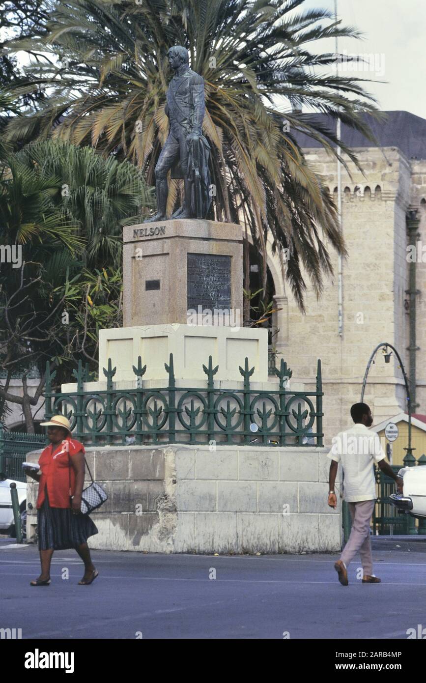 Lord Nelson Statue, National Heroes Square, formerly Trafalgar Square, Bridgetown, Barbados, Caribbean. Circa 1989 Stock Photo