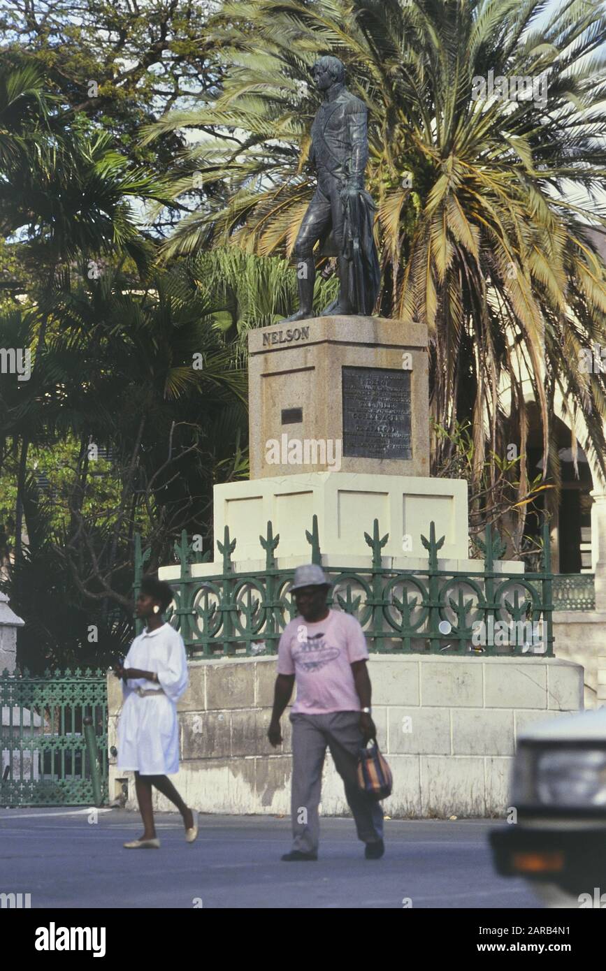Lord Horatio Nelson's Statue, National Heroes Square, formerly Trafalgar Square, Bridgetown, Barbados, Caribbean. Circa 1989 Stock Photo