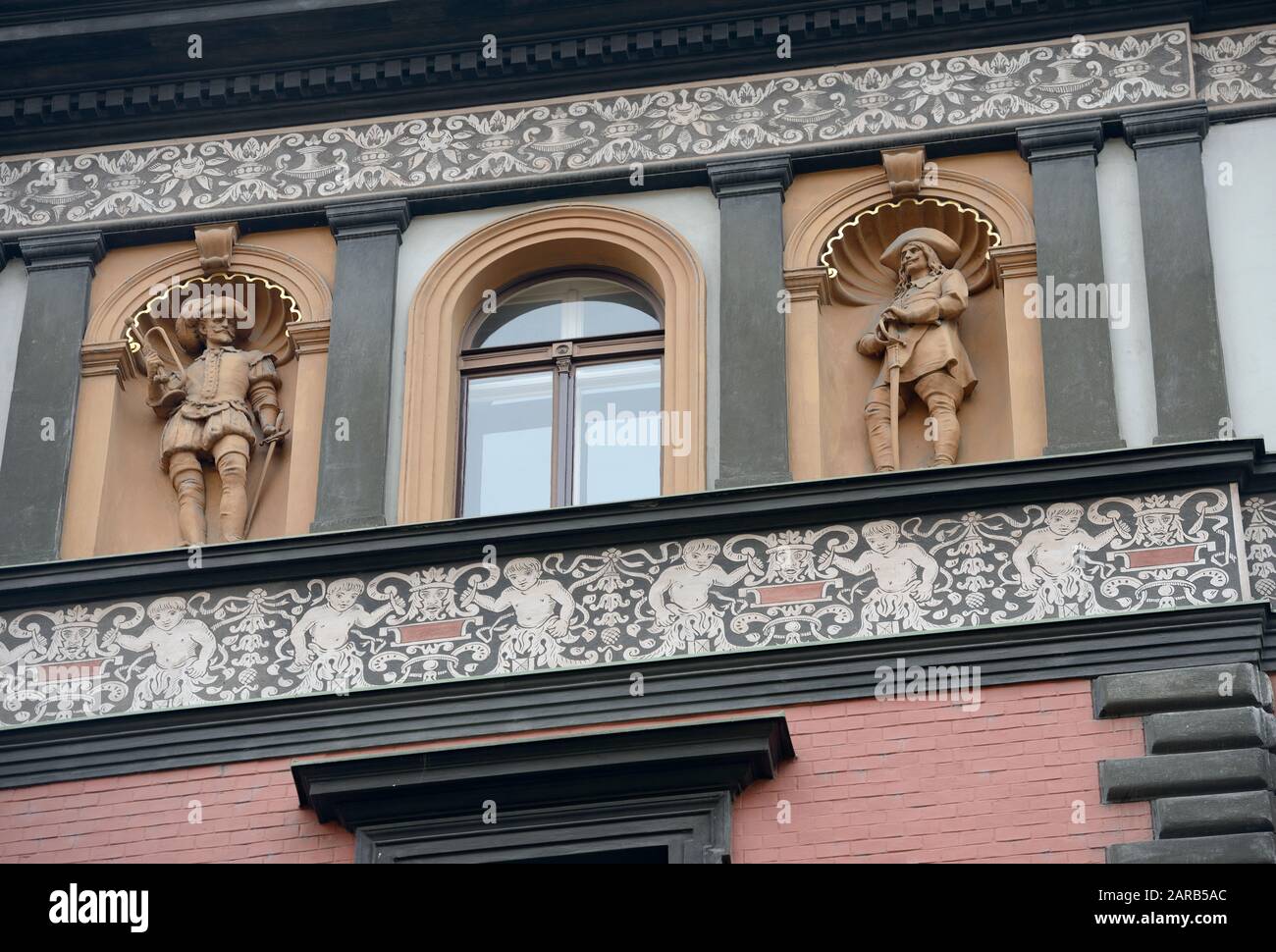 Close-up decoration details of upper part of old house no 1682 that on corner Porici and  Havlickova streets in New Town of Prague, Czech Republic. Stock Photo