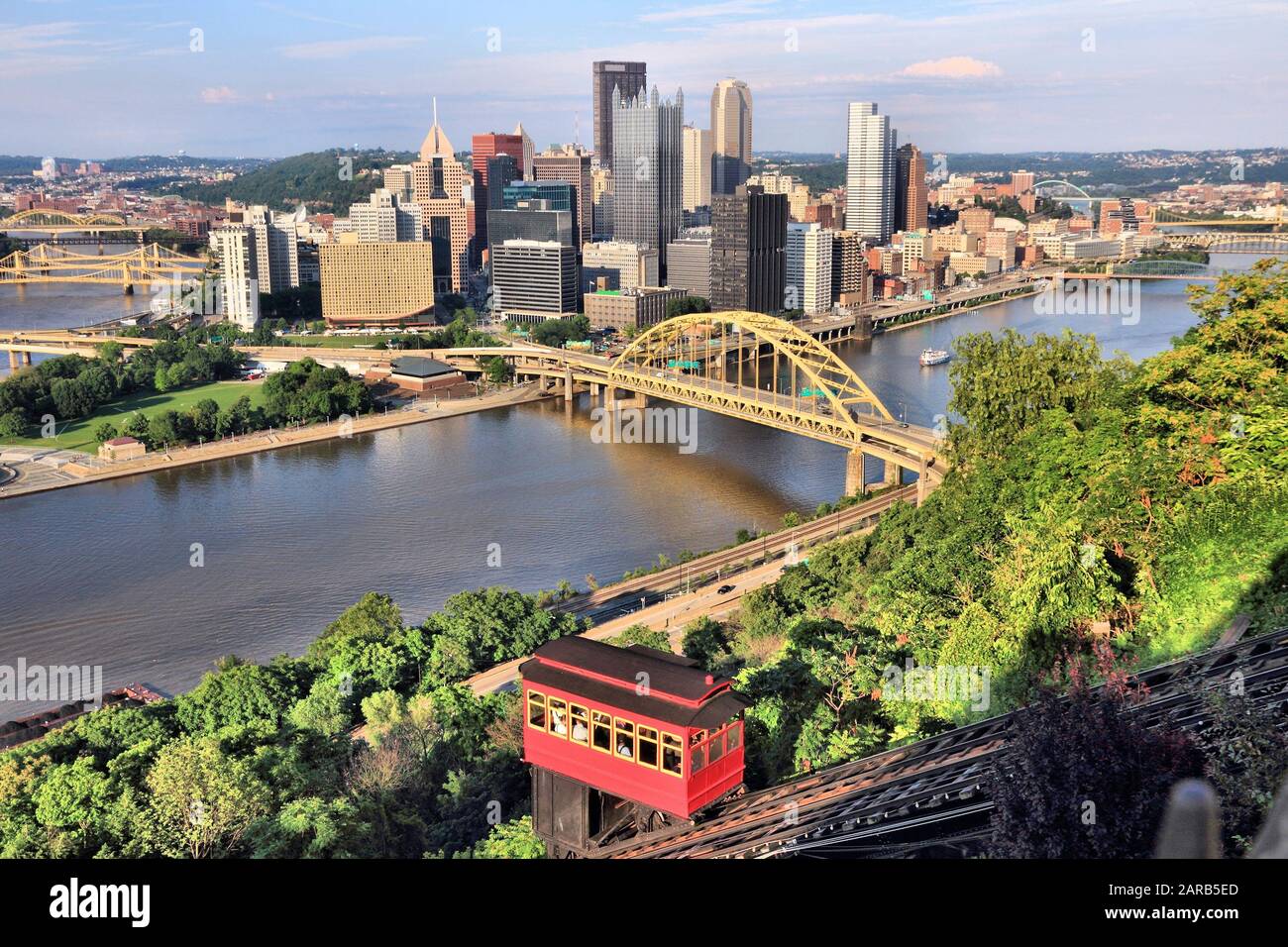 Pittsburgh city skyline with Duquesne Incline funicular. Sunset light. Stock Photo