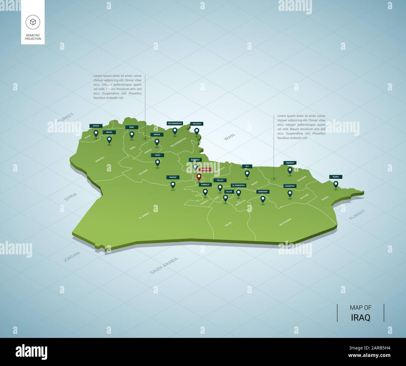 Stylized Map Of Iraq Isometric 3d Green Map With Cities Borders