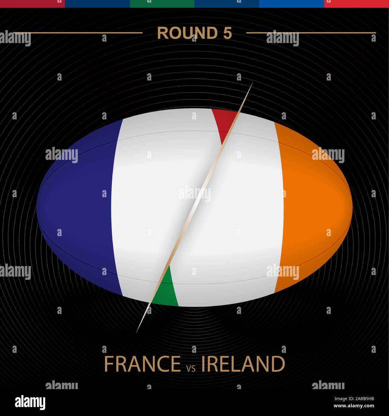 France vs Ireland in Rugby Tournament round 5, ball shaped rugby icon on black background. Vector template. Stock Vector