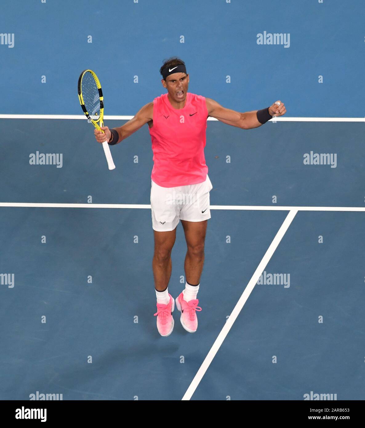 Melbourne Australia 27th Jan Melbourne Park Australian Open Day 8 27 01 Rafa Nadal Esp Jumps For Joy As He Wins Fourth Round Match Over Nick Kyrgios Credit Roger Parker Alamy Live News