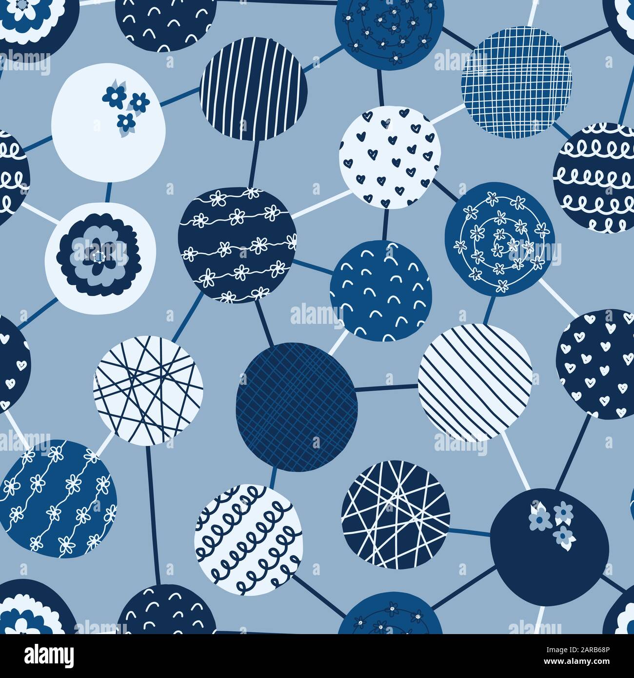 Geometric seamless vector background blue textured circles. Abstract modern connected dots pattern in blue hues. Trendy hand drawn backdrop for Stock Vector