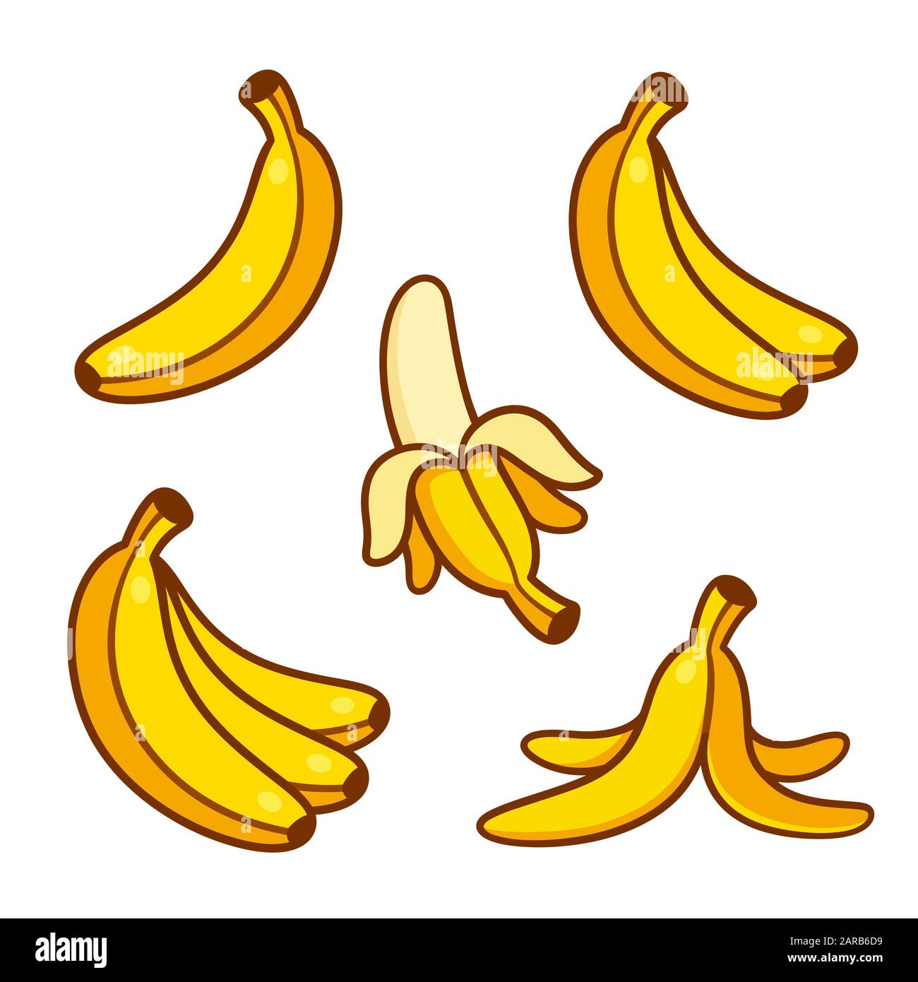 Set of cartoon banana drawings: single and bunch, peeled banana and empty  peel on the ground. Vector clip art illustration collection Stock Vector  Image & Art - Alamy