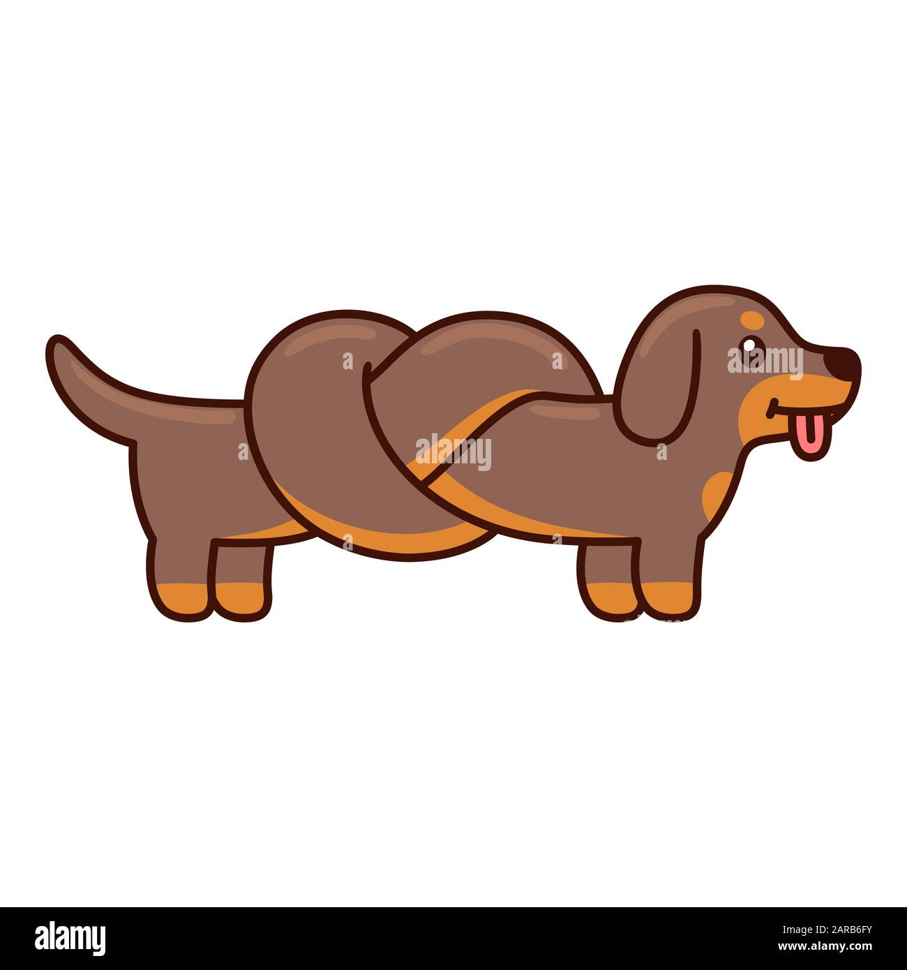 Cute cartoon dachshund with body tied in knot, funny long wiener dog doodle. Isolated vector illustration. Stock Vector