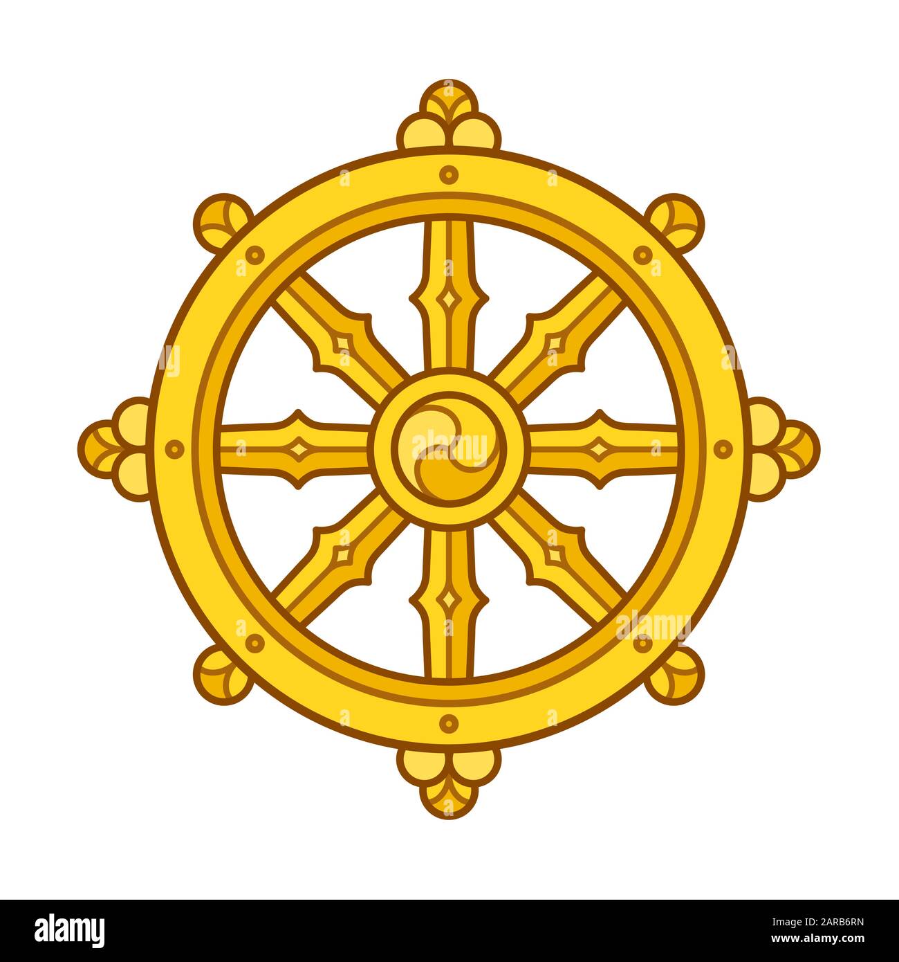 Dharmachakra (Dharma Wheel) symbol in Buddhism. Golden wheel sign art. Isolated vector illustration. Stock Vector