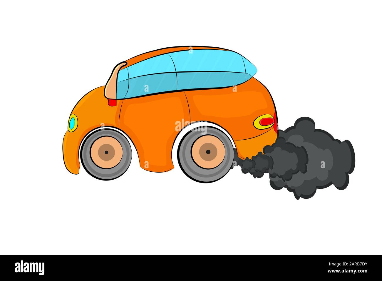 Car and smoke isolated on white background. Car producing cloud of air pollution. Vehicle toxic pollution or environment car waste hazard.Smog. Vector Stock Vector
