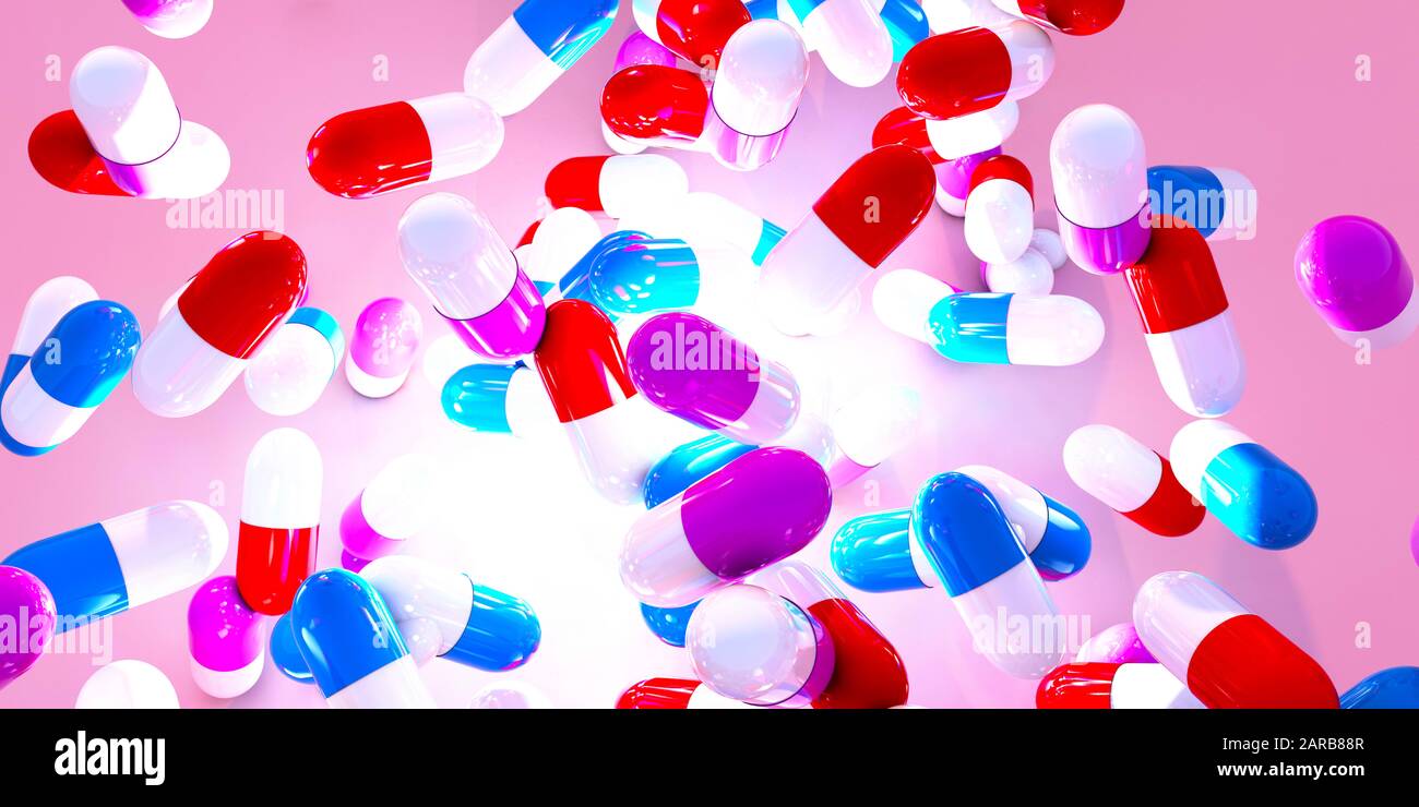 Group of falling capsules with diet suplement, vitamin or medicine drug on pink background. 3d render. Stock Photo