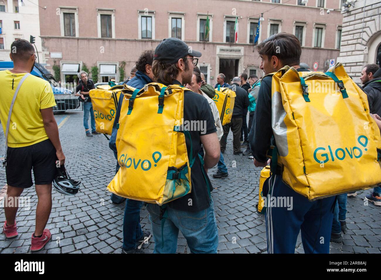 Roma, 15/10/2019: Glovo and Deliveroo riders, working in the so called gig economy, protest against riders government decree in Vidoni square. ©Andrea Stock Photo