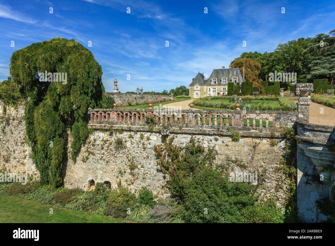 France, Indre et Loire, Chancay, Chateau de Valmer gardens, castle moats and sophora weeping (Styphnolobium japonicum 'Pendula') (obligatory mention C Stock Photo
