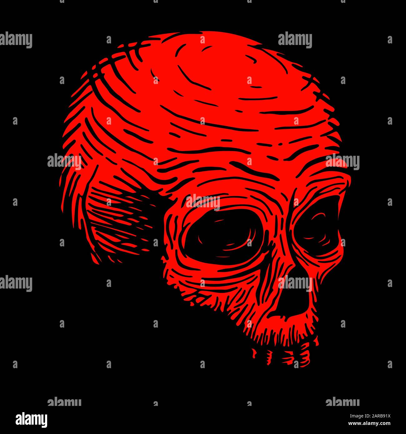 Hand drawing of a skull of a dead man, red on a black background. vector illustration. Stock Vector