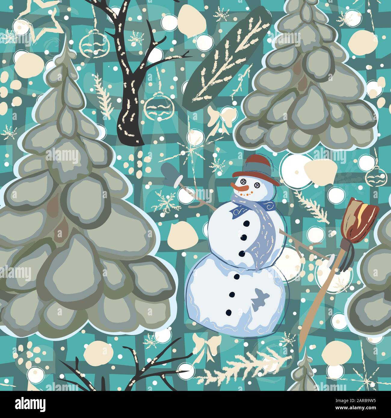 Colorful Winter Seamless Pattern with snowman and tree. vector ...
