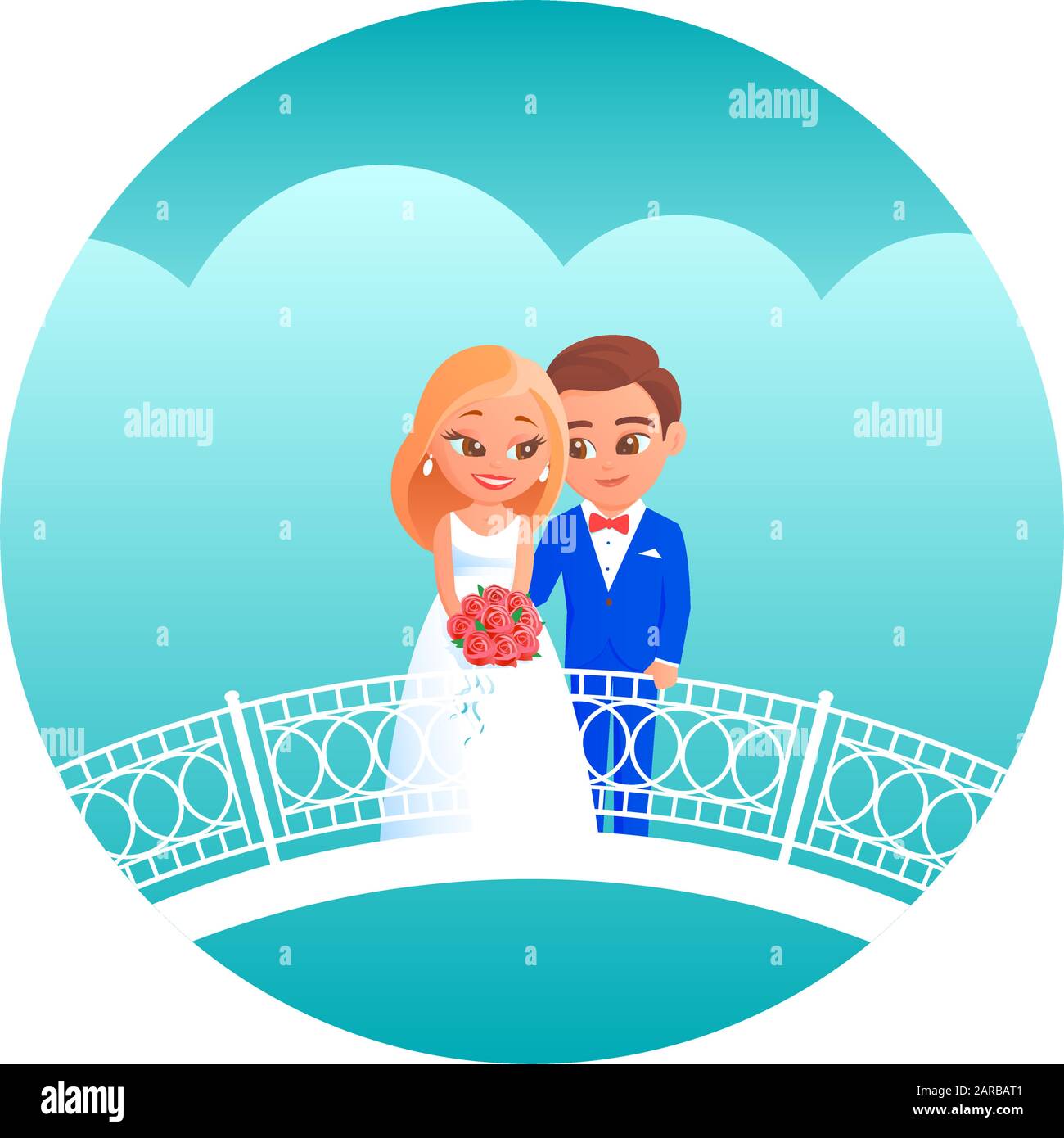 Young cartoon newlyweds on their wedding day. The bride in a white dress with a bouquet of red roses, the groom in a blue tuxedo. Stand on a white pat Stock Vector