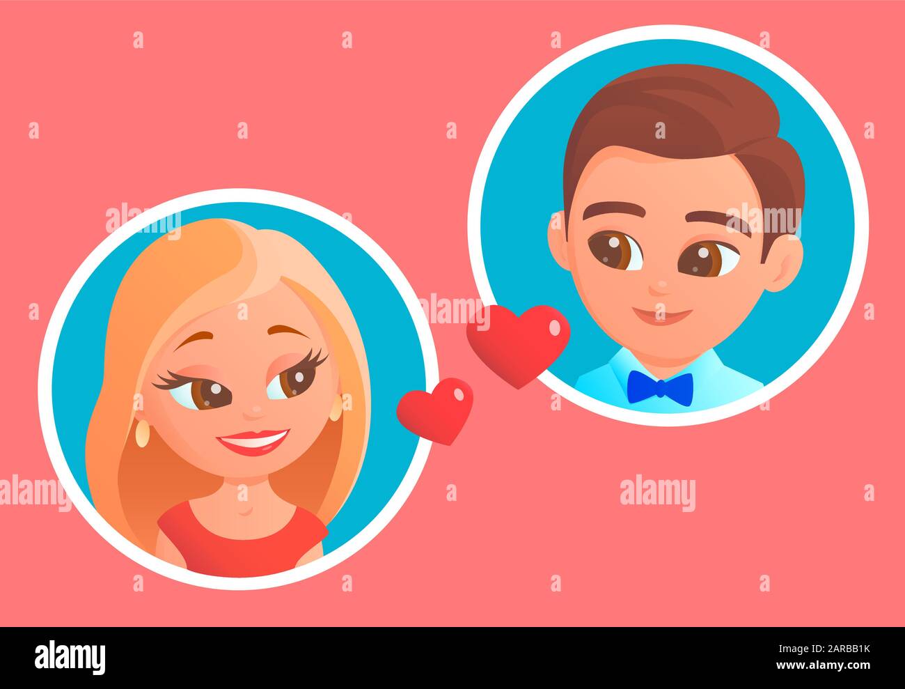 Loving Boy And Girl Faces Close Up In A Round Frame With Two Hearts Cartoon Vector Romantic Illustration Stock Vector Image Art Alamy