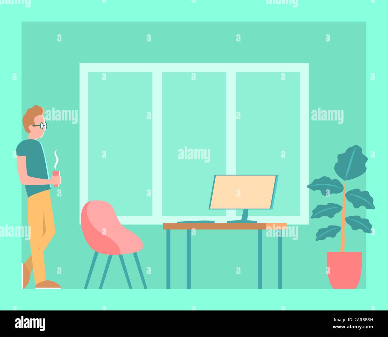 A young modern man stands with coffee in front of a desktop with a computer. Vector flat illustration. Stock Vector