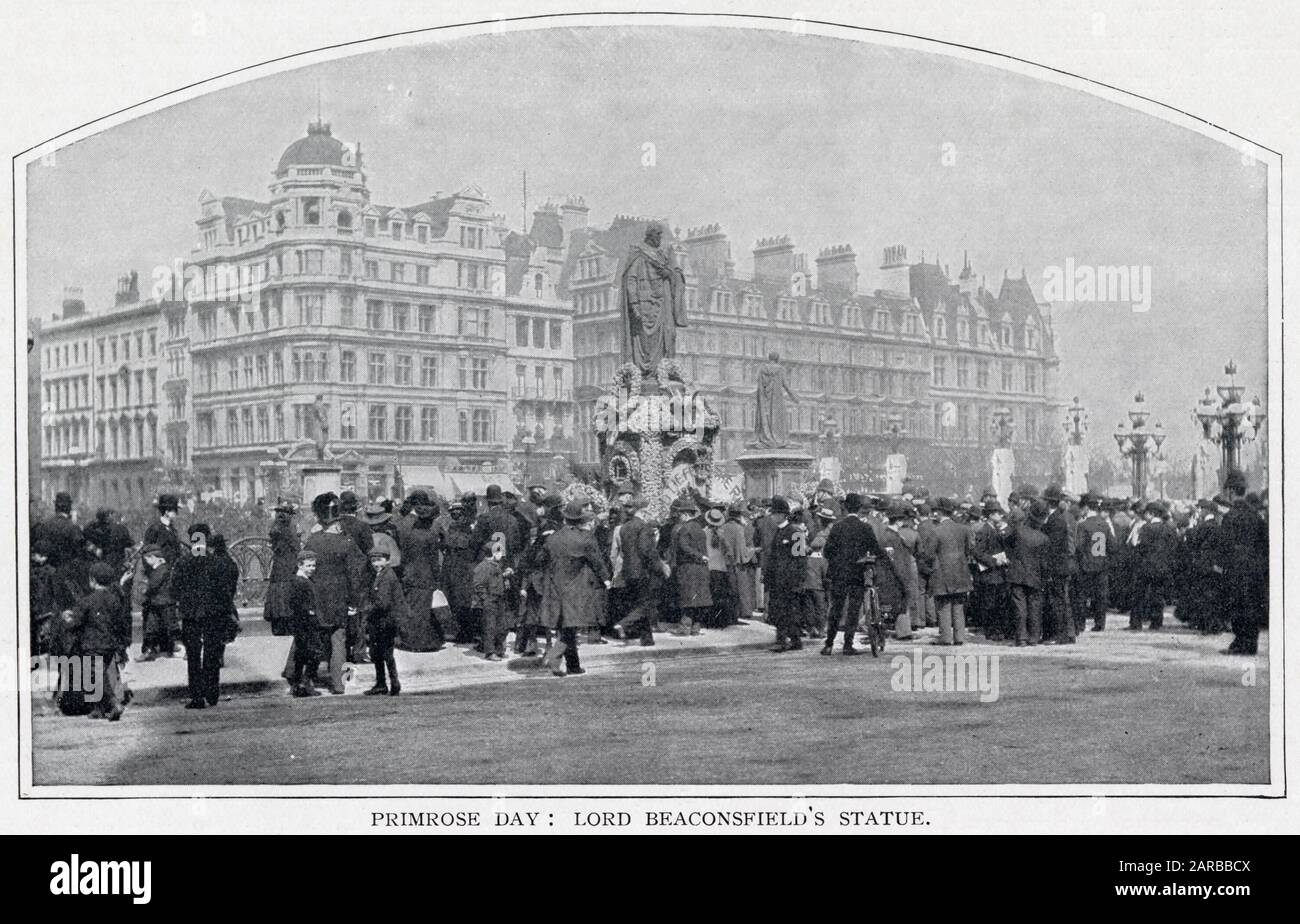 Primrose Day in Parliament Square, London, is the anniversary of the death of British statesman and prime minister Benjamin Disraeli, 1st Earl of Beaconsfield, on 19 April 1881. The primrose was his favourite flower and Queen Victoria would often send him bunches of them from Windsor and Osborne House.     Date: 19 April 1900 Stock Photo