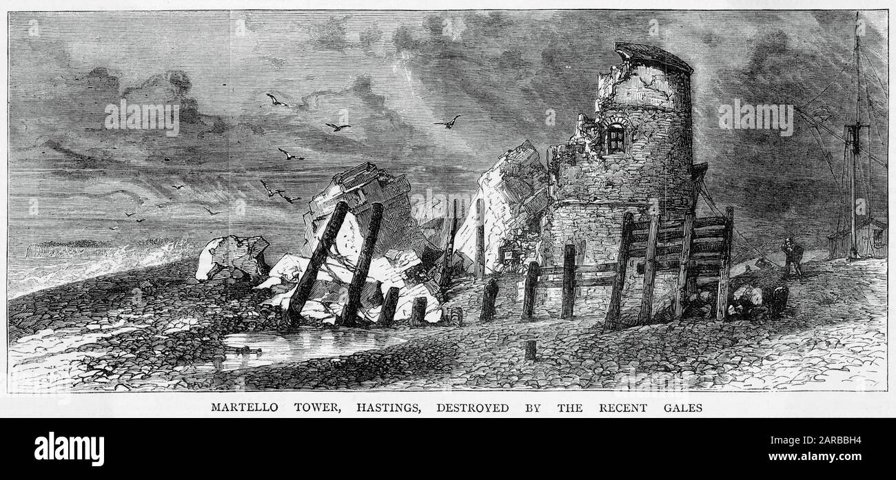 MARTELLO TOWER The tower at Hastings destroyed by a gale.      Date: 1876 Stock Photo
