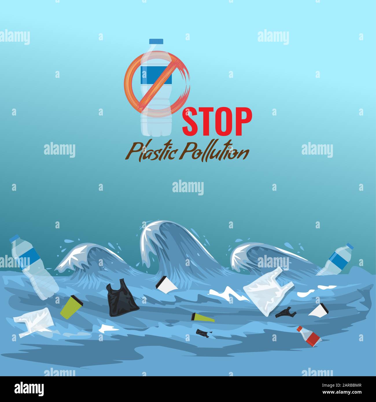 Stop ocean plastic pollution concept. Plastic garbage bottles in the ocean sea waves. Vector illustration. Stock Vector