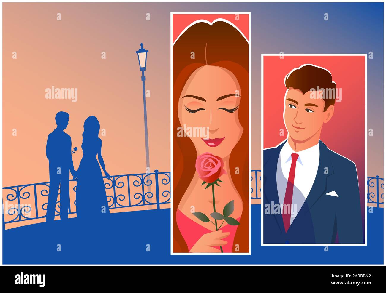 Beautiful couple in the night city. Silhouette of lovers in the distance. And separately, a close-up of a man and a woman with a gift of a rose. Vecto Stock Vector