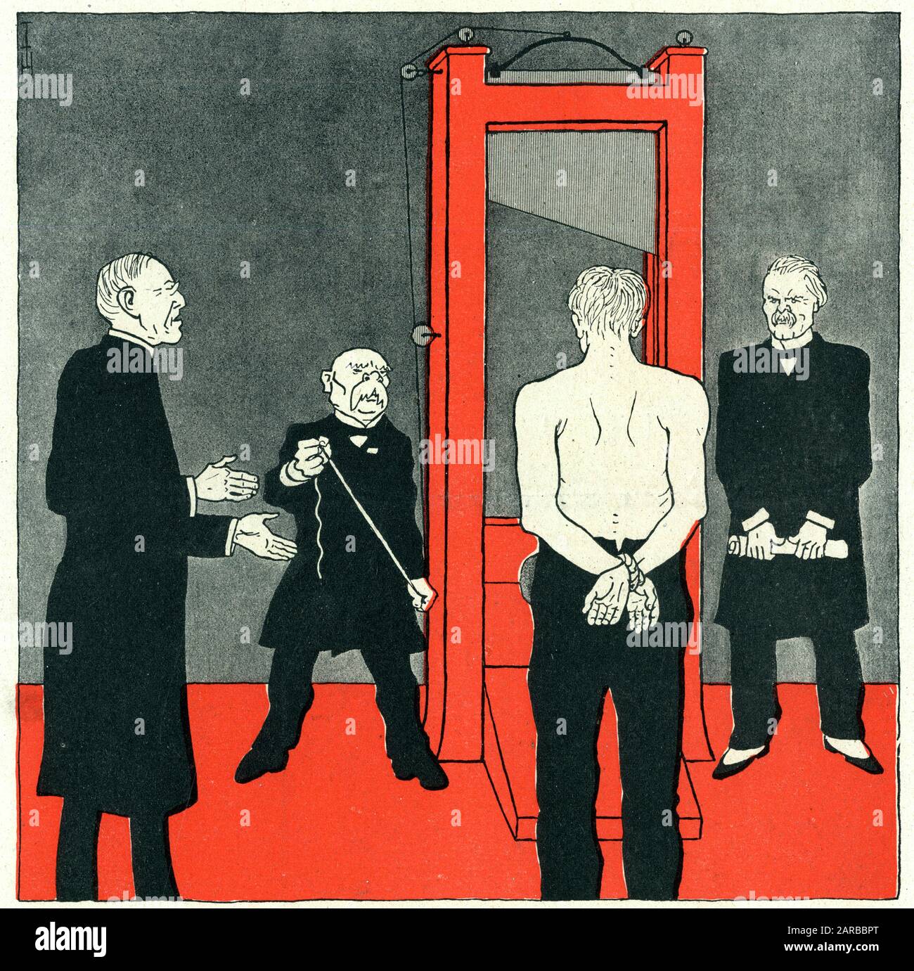 The terms of the Versailles treaty are equivalent to sending Germany to the guillotine. The three figures depicted in black are Woodrow Wilson, Georges Clemenceau and David Lloyd George      Date: 1919 Stock Photo