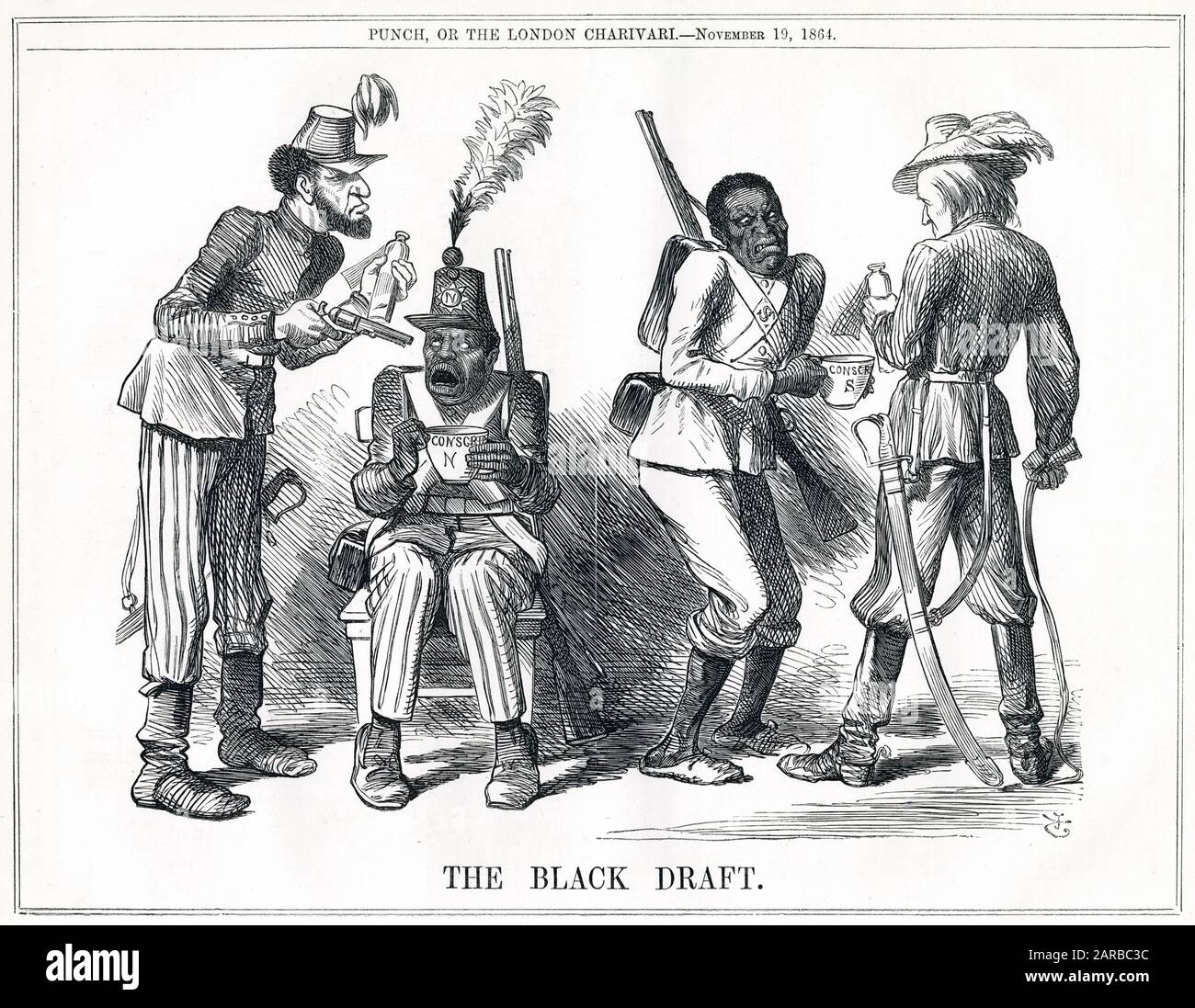 Cartoon, The Black Draft, satirical comment about the drafting of black men into the US army during the American Civil War.      Date: 1864 Stock Photo