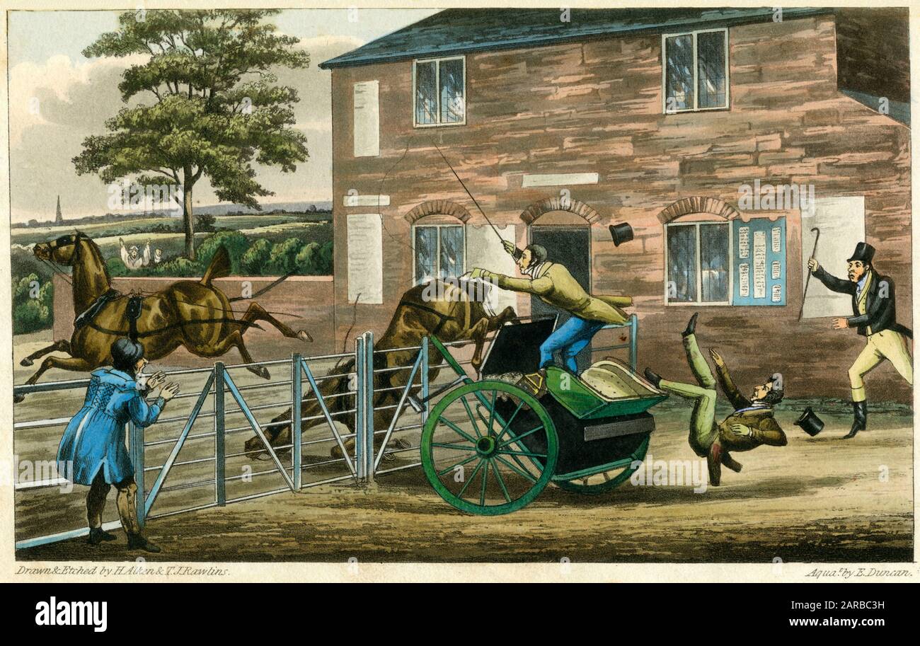 Eccentric English John Mytton (1796-1834) attempts to drive his carriage over a tollgate much to the annoyance of the toll-keeper & doubtless his passenger.     Date: 1820s Stock Photo