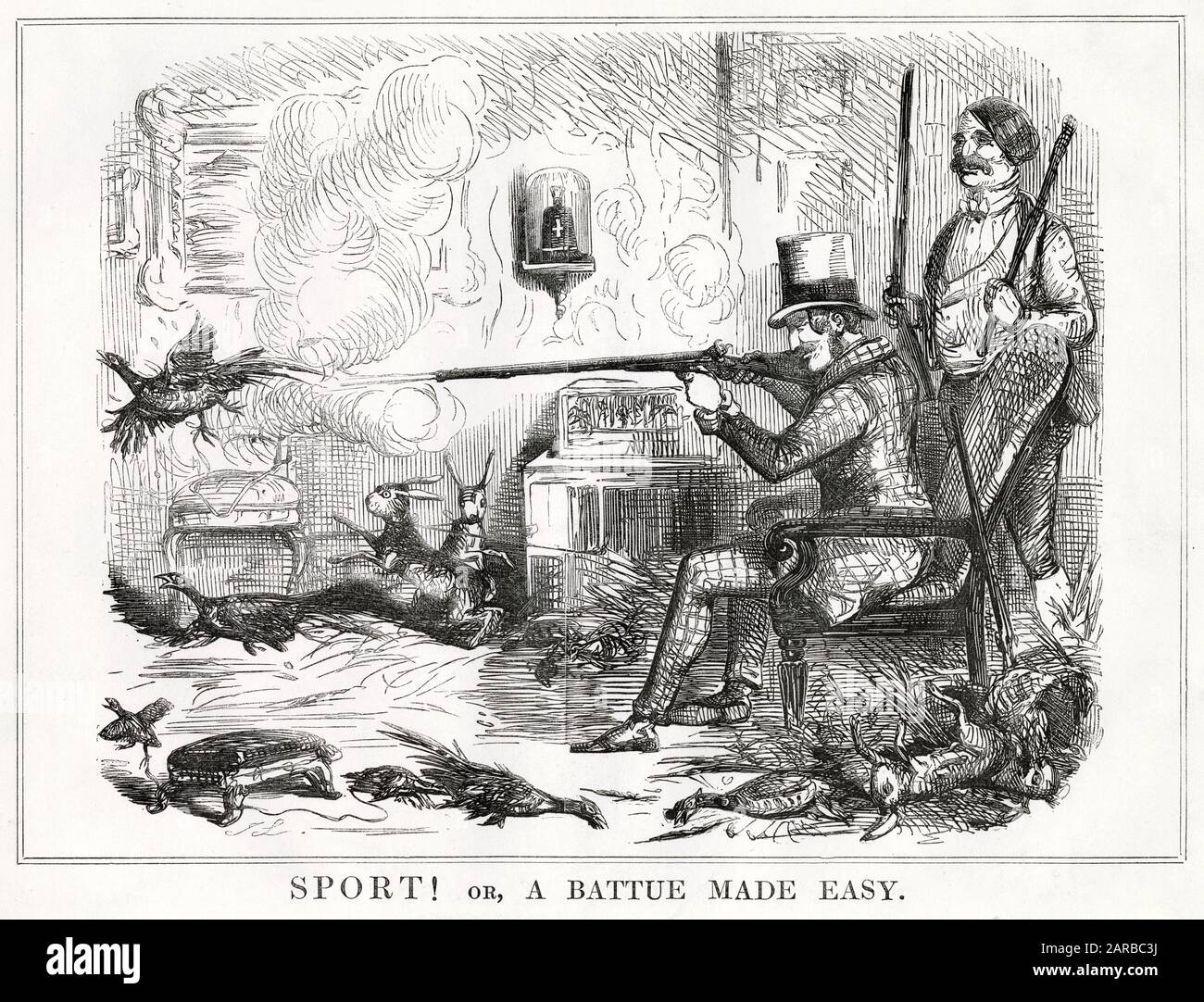 Cartoon, Sport! or, A Battue Made Easy -- Prince Albert depicted as a phoney sportsman, shooting game in the drawing room while sitting in his armchair.     Date: 1845 Stock Photo