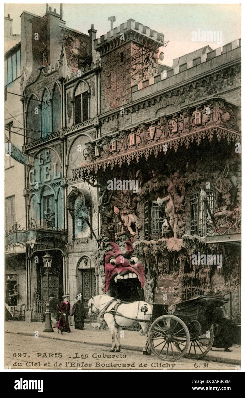 The cabarets of Heaven and Hell (Le Ciel et L'Enfer) in the Boulevard de Clichy, Montmartre, Paris.       Date: circa 1905 Stock Photo