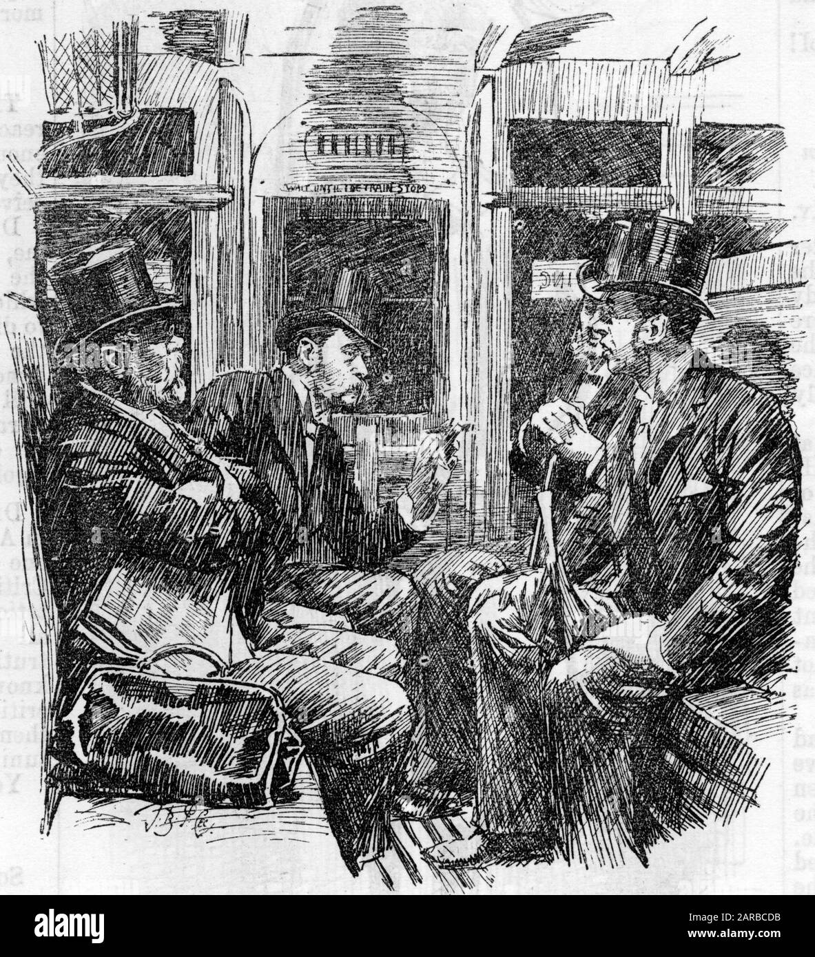 Cartoon, four relaxed gentlemen commuters Stock Photo