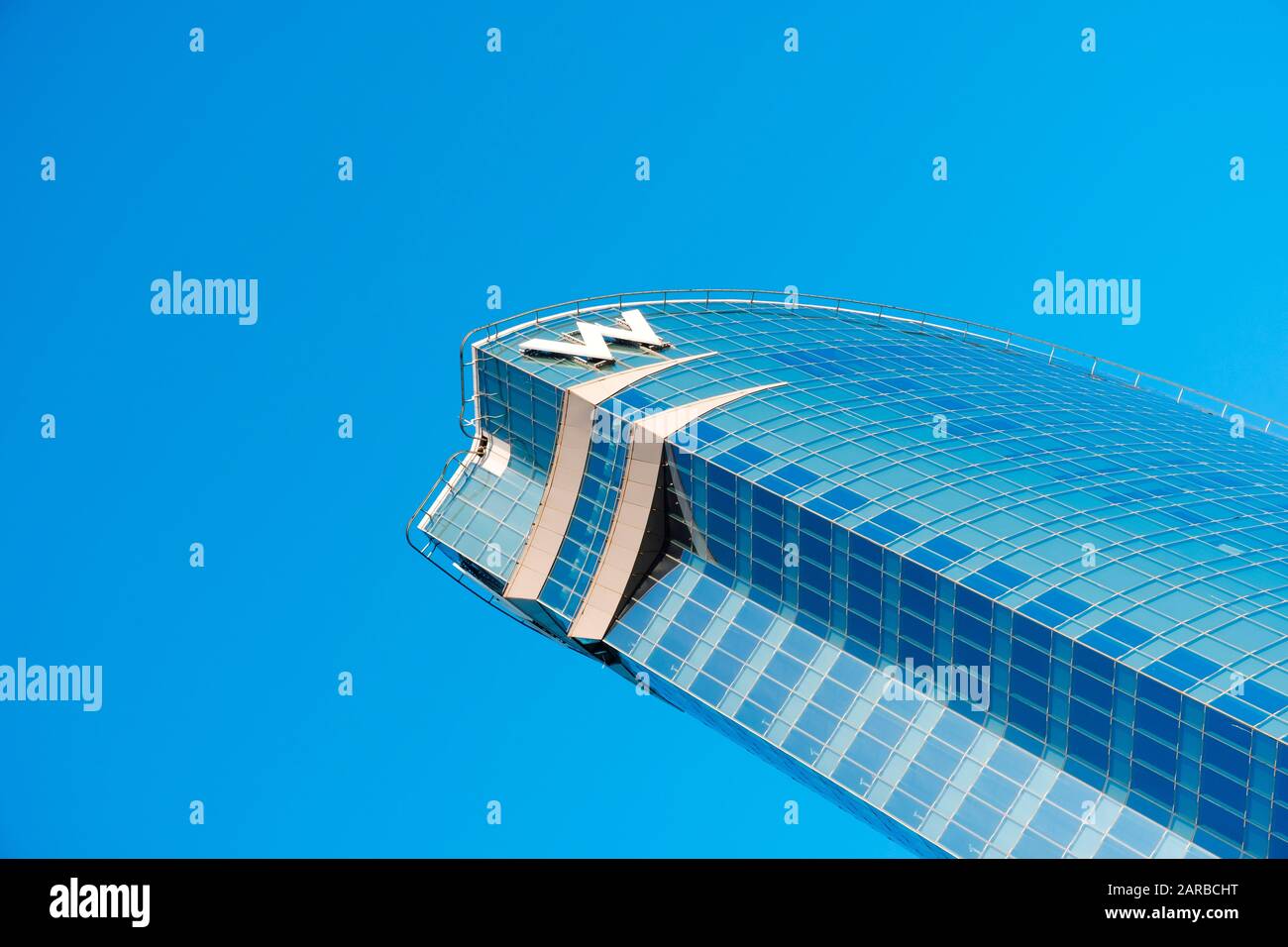 BARCELONA, SPAIN - JANUARY 18, 2020: A view of the W Barcelona Hotel, in Barcelona, Spain, popularly known by locals as Hotel Vela, Sail Hotel in Cata Stock Photo