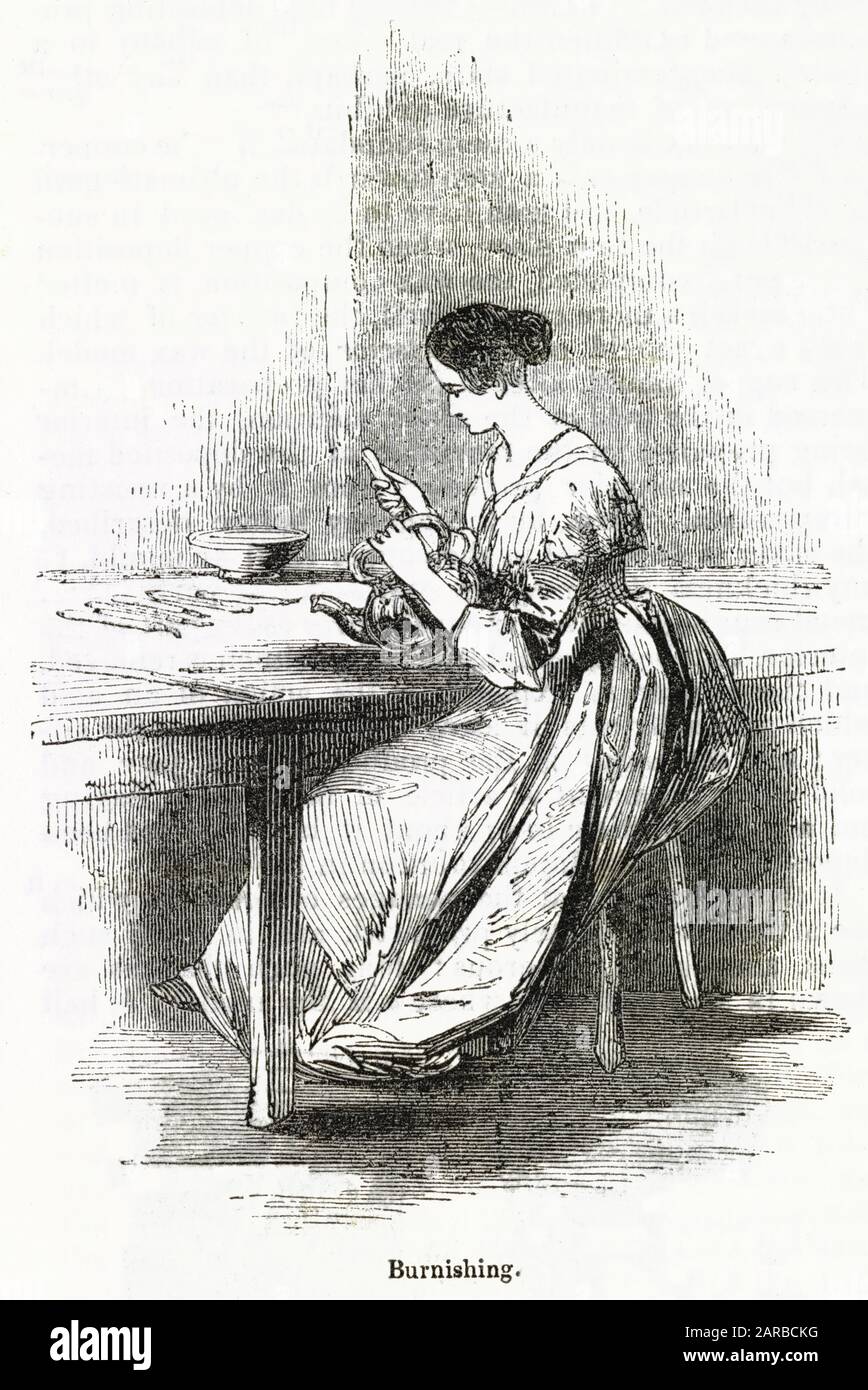 Scenes from Elkington & Co, Electro-Plate Works, Birmingham, woman worker, burnishing.      Date: 1844 Stock Photo