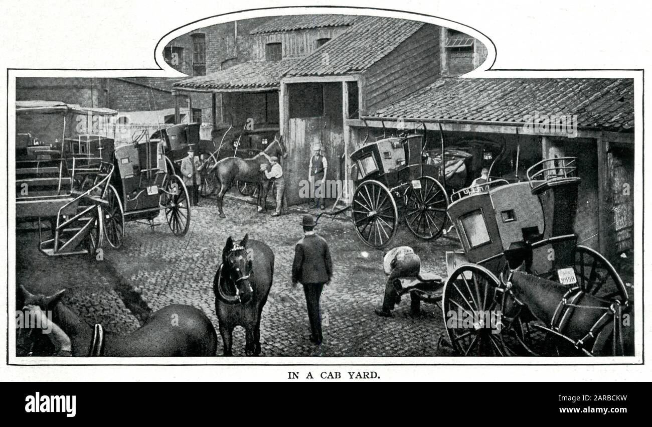 Hansoms cabs in a yard in London.     Date: 1900 Stock Photo