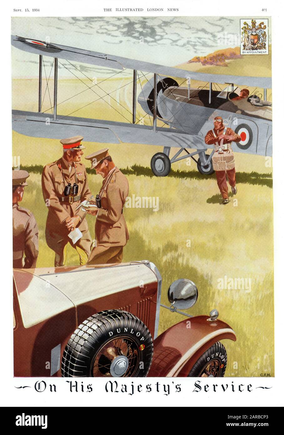 Advertisement for Dunlop tyres: 'On His Majesty's Service'.      Date: 1934 Stock Photo