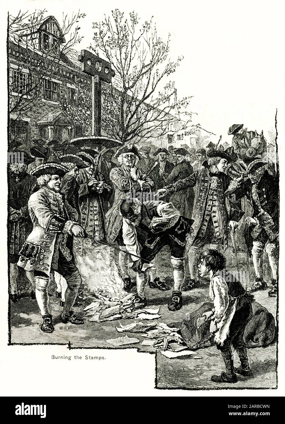 American Colonists burn papers bearing the Stamps required under The Stamp Act of March 22, 1765. The new tax was imposed on all American colonists and required them to pay a tax on every piece of printed paper they used. Ship's papers, legal documents, licenses, newspapers, other publications, and even playing cards were taxed. This act was highly unpopular as this print shows.     Date: 1766 Stock Photo