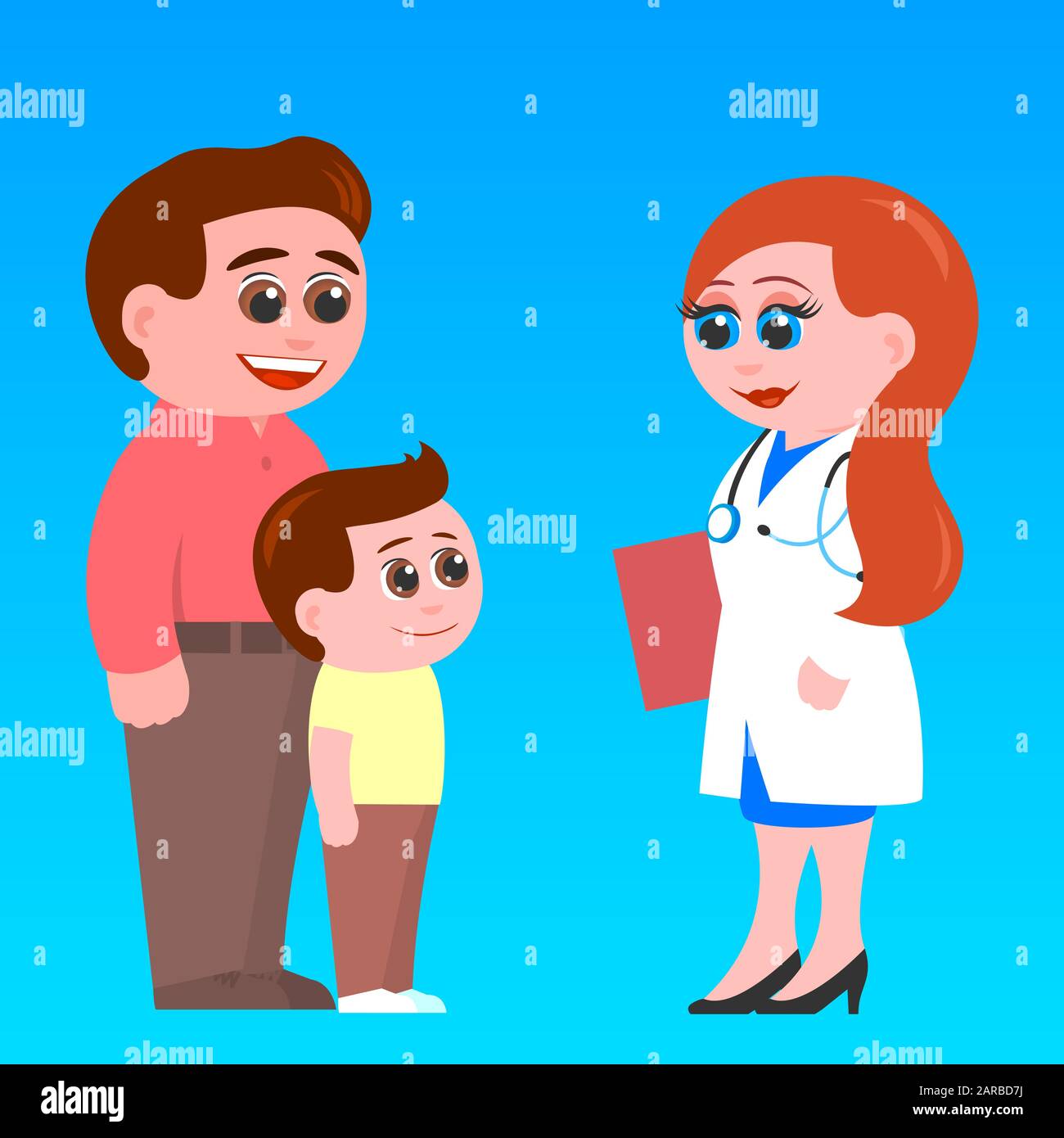 Father and little son meet a family doctor. Female pediatrician