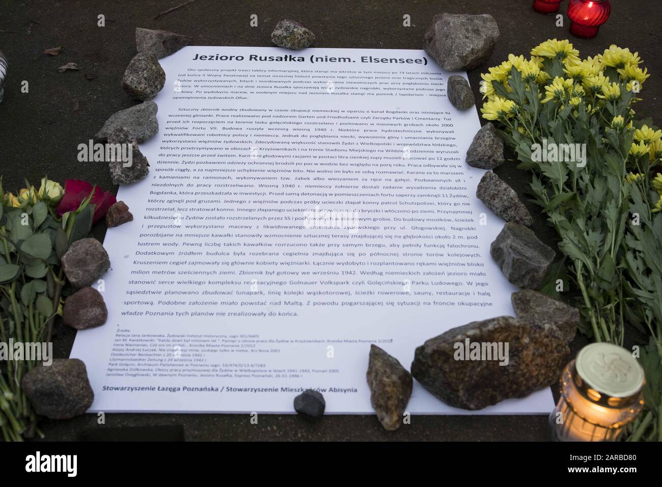 January 26, 2020, Poznan, Wielkopolska, Poland: Today is the International Holocaust Remembrance Day. The origin of the artificial Rusalka lake is associated with death of many victims of the Hitlerite regime. Jews were exploited, beaten and murdered during slave work on deepening the lake basin. Moreover, in the strengthening of the banks and at the bottom of the lake, there are still Jewish gravestones used during the construction of the lake. After bringing out matzevot, a monument commemorating Jewish victims is to be erected here. The area around the lake has several memorials, because be Stock Photo