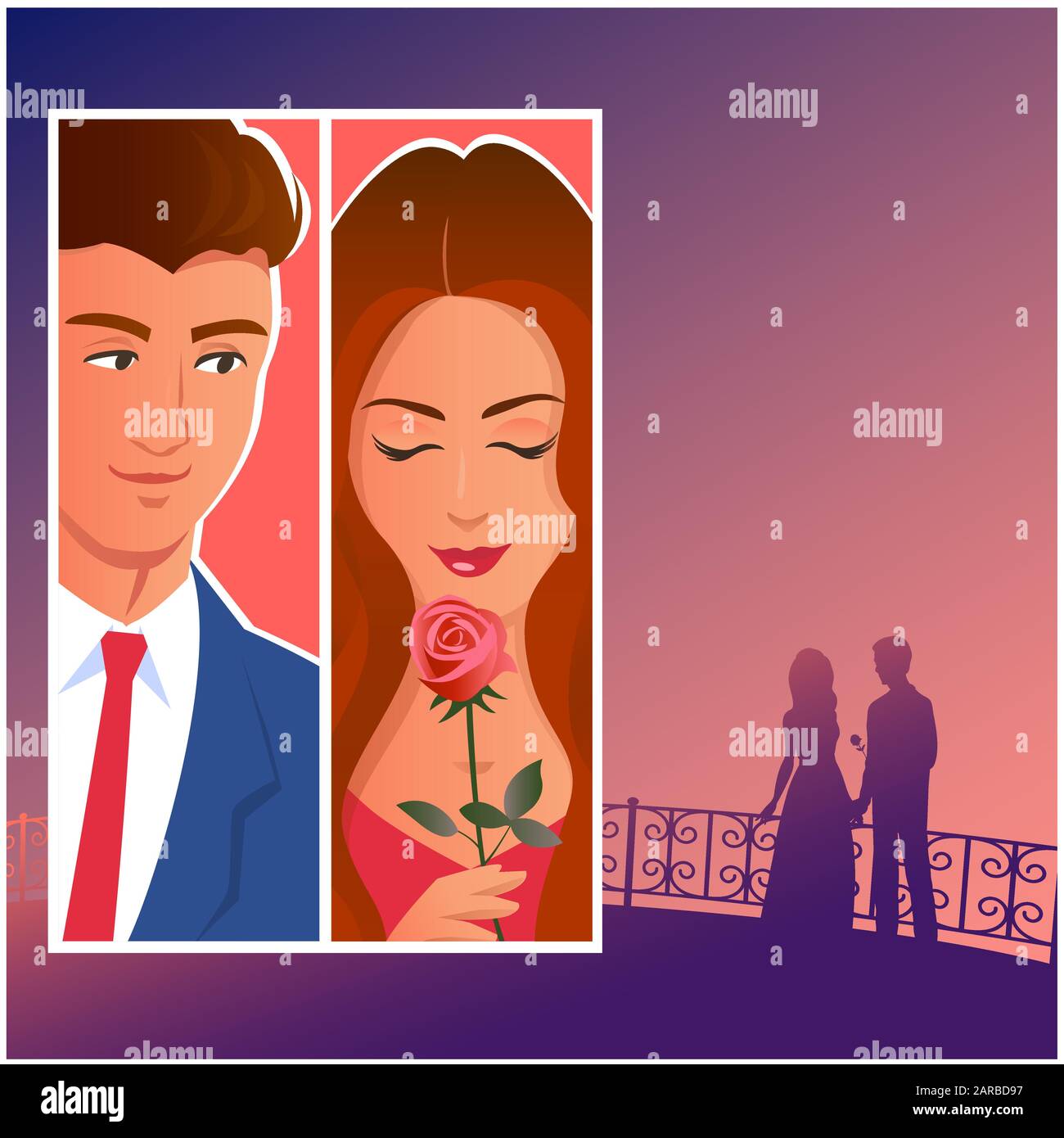 Beautiful couple in the night city. Silhouette of lovers in the distance. And separately, a close-up of a man and a woman with a gift of a rose.   Vec Stock Vector