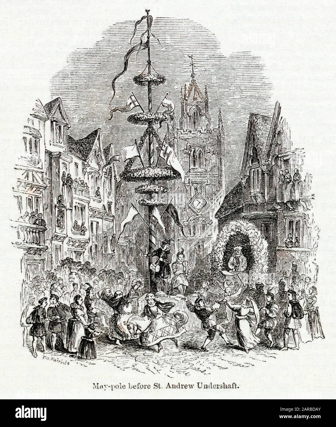 The Year of the Poets -- Maypole outside St Andrew Undershaft in the City of London, with people dancing round it, to illustrate a range of poems on the subject.      Date: 1845 Stock Photo