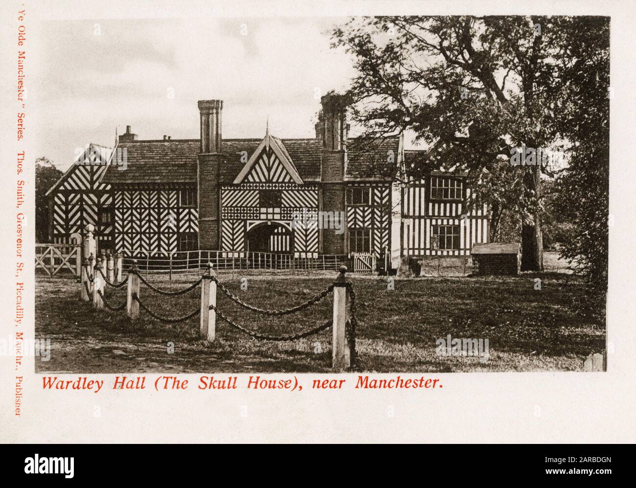 Wardley Hall (The Skull House), near Manchester (completed c.1500) - an early medieval manor house and a Grade I listed building in the Wardley area of Worsley, Salford, in Greater Manchester. The skull of St Ambrose Barlow, one of the Forty Martyrs of England and Wales, is preserved in a niche at the top of the main staircase. He was hanged, drawn and quartered at Lancaster on 10 September 1641 after confessing to being a Catholic priest. According to legend, it is a screaming skull. Extensively re-modelled in the 19th and 20th centuries. Stock Photo
