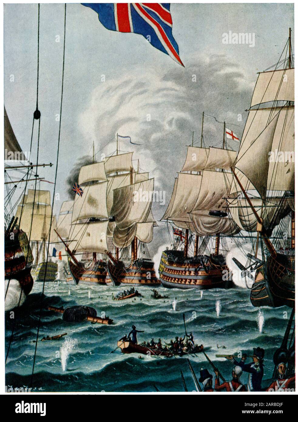 Scene from the Battle of Trafalgar (21 October 1805), Cape Trafalgar, Spain, fought by the British Royal Navy against the combined fleets of the French and Spanish Navies.      Date: 1805 Stock Photo