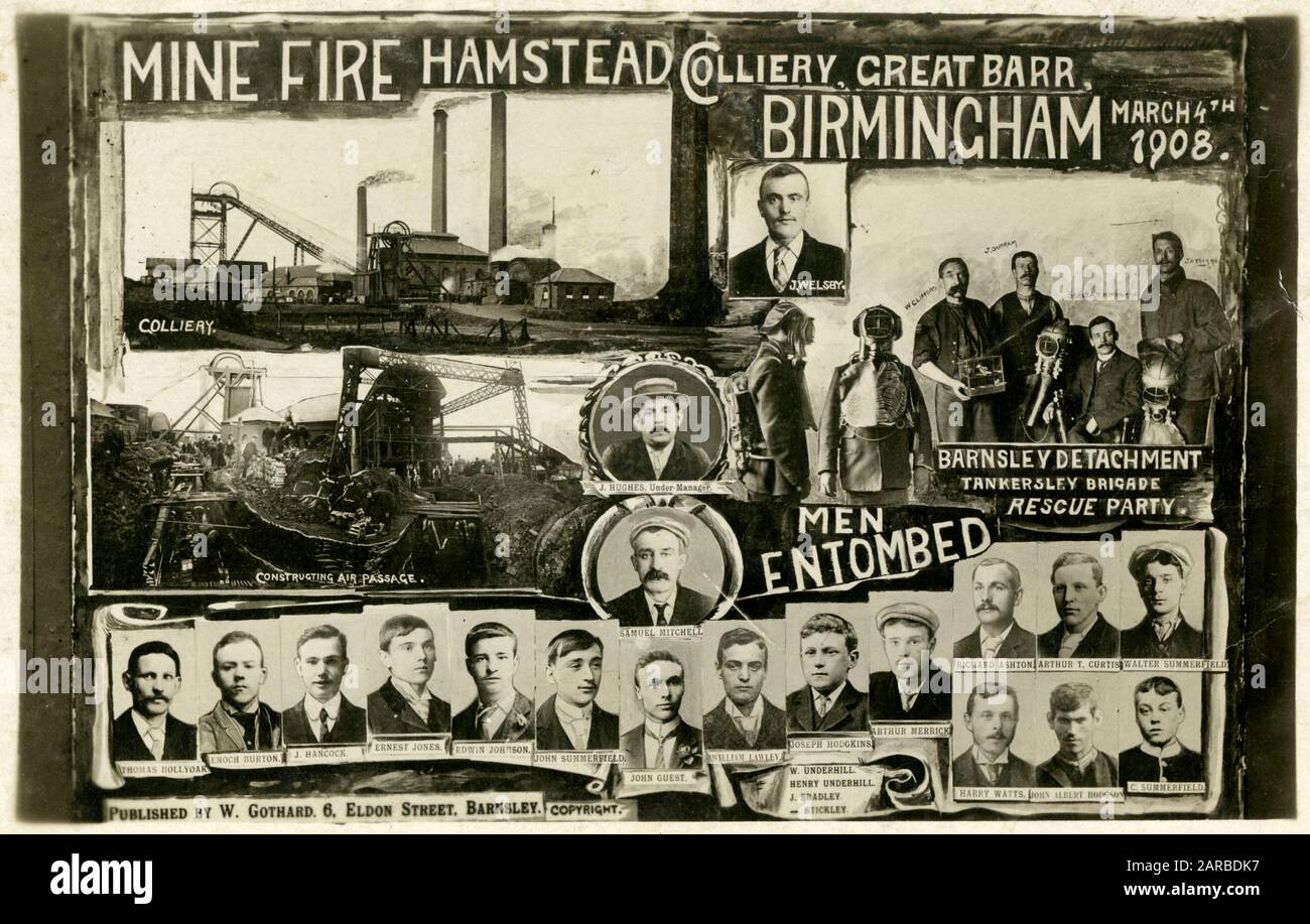 Mine Fire at the Hamstead Colliery, Great Barr, Birmingham on 4th March, 1908. The Barnsley Detachment Tankersley Brigade Rescue Party (complete with Breathing apparatus and a caged canary to act as a warning of poisonous gas), the Colliery, the construction of an air passage and the men entombed are all pictured in this remarkable multi-image postcard commemorating the disaster and the victims. Stock Photo